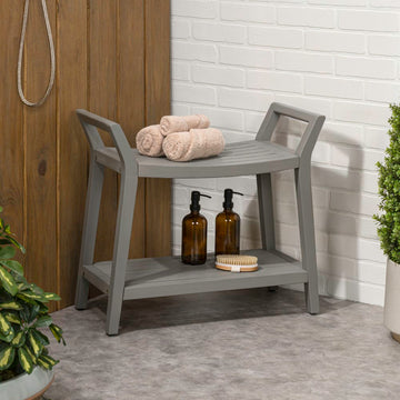Orla 25.6" Modern Classic Slatted Solid Acacia Wood Indoor/Outdoor Shower Bench with Shelf and Handle